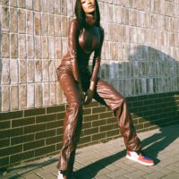 Jourdan dunn wearing leather brown outfit