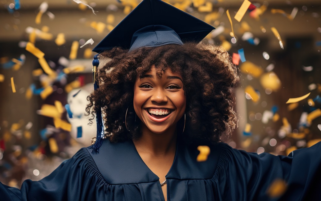 Happy black girl graduating student celebrating graduation