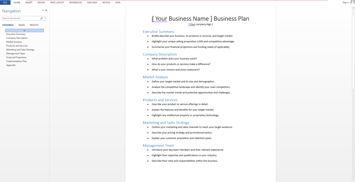 Simple Business Plan template screenshot